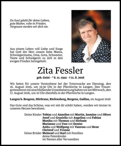 Todesanzeigen Von Zita Fessler Todesanzeigen Vorarlberger Nachrichten