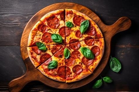 Premium Ai Image A Pepperoni Pizza With Basil Leaves On A Wooden Board