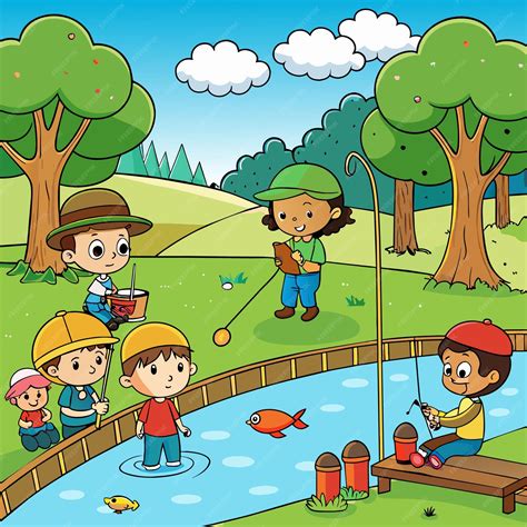 Premium Vector A Cartoon Illustration Of Children Playing In A Pond