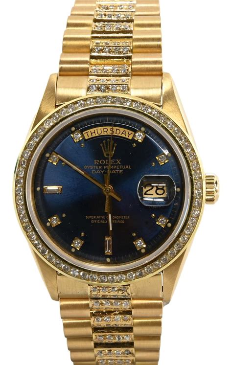 Sold Price Rolex 18k Gold Diamonds Day Date Blue Dial Wrist Watch