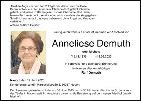 Traueranzeigen Von Anneliese Demuth Rz Trauer De