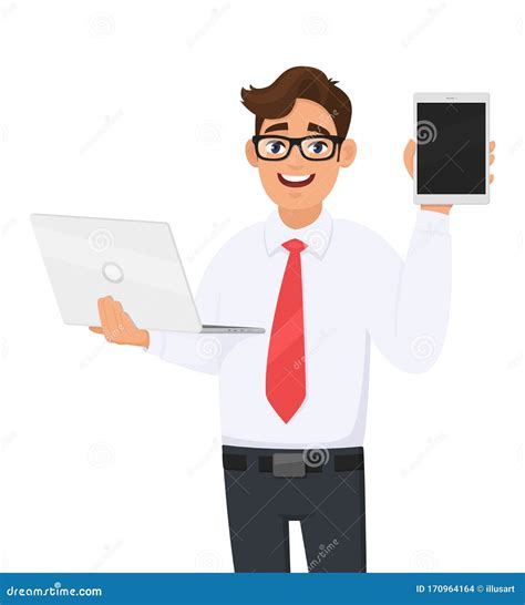 Stylish Young Business Man Holding Laptop And Showing Blank Screen