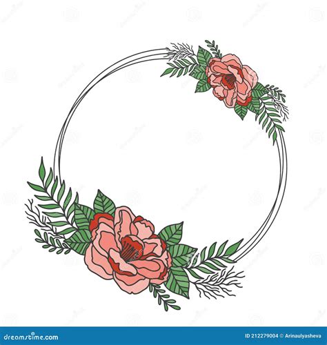 Flower Frame Double Round Floral Circle Border Botanical Drawing Style