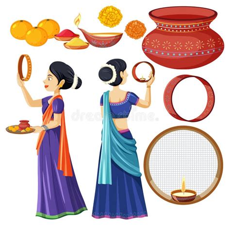 Set Of Karva Chauth Element Cartoon Stock Vector Illustration Of