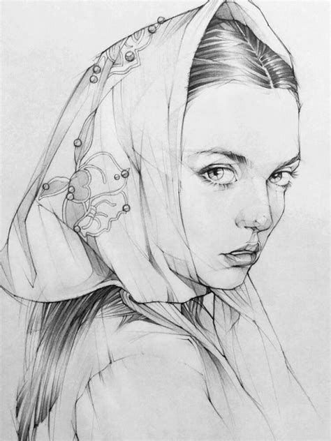 A Pencil Drawing Of A Woman Wearing A Headscarf