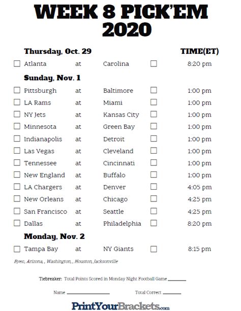 Nfl Printable Schedule Week 8 - Printable Schedule