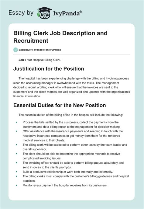 Billing Clerk Job Description And Recruitment 1696 Words Essay Example