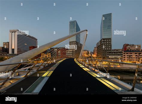 Dawn At The Zubizuri Bridge Designed By Santiago Calatrava Over The Nervion River In Bilbao