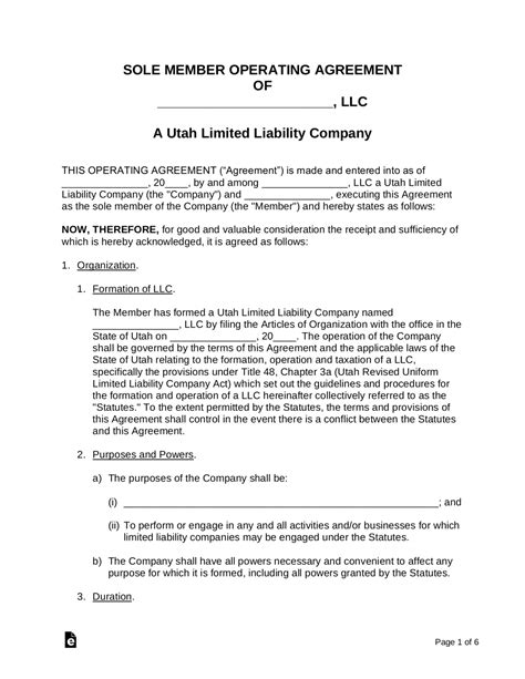 Single Member Llc Operating Agreement Template