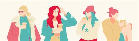 Premium Vector Set Of Beautiful Women Characters In Modern Style Warm Clothes With Hot Drinks