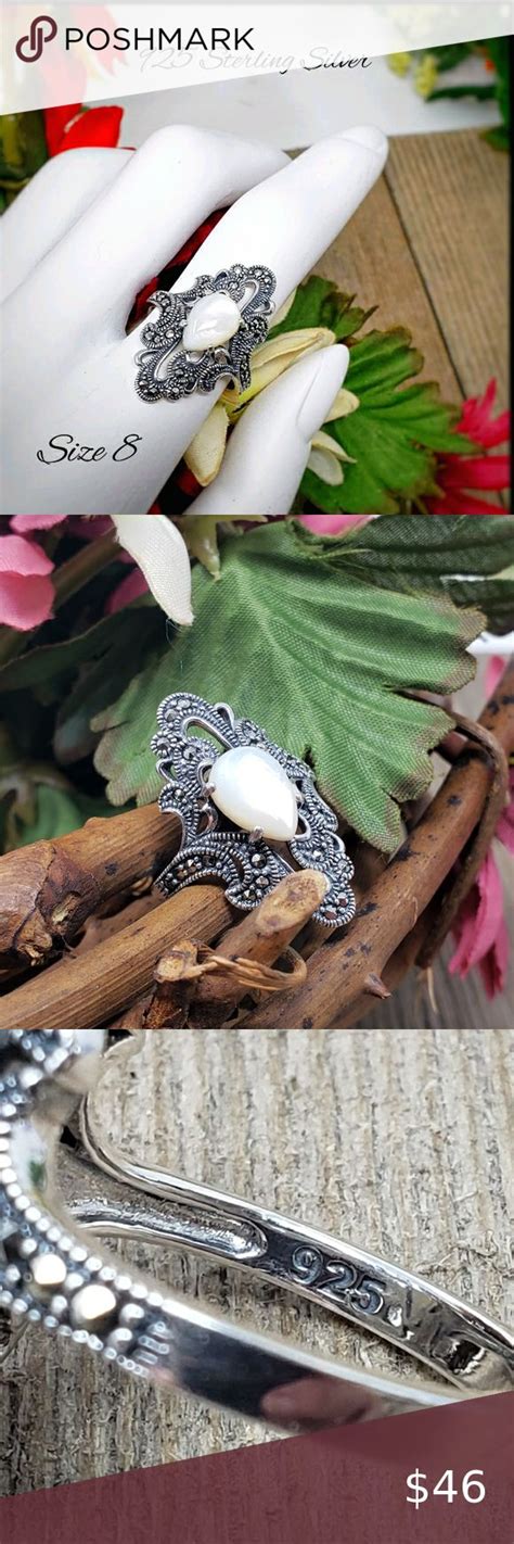 Sterling Silver Pear Shape Mother Of Pearl Marcasite Ring Silver