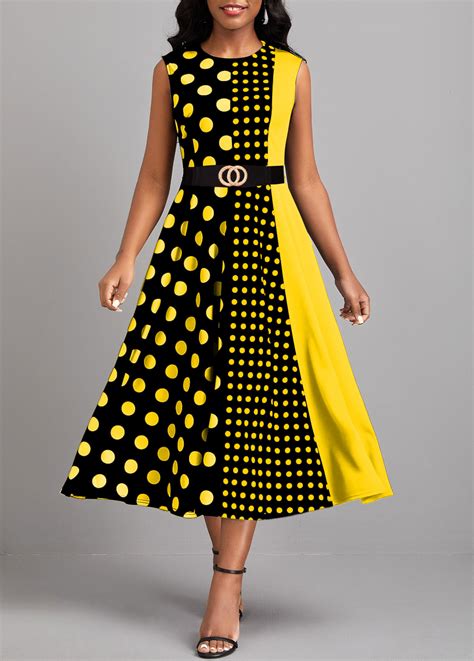 Rotita Umbrella Hem Geometric Print Yellow Round Neck Dress Rotita