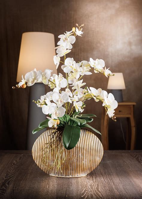 Composizione Di Orchidee Artificiali In Vaso Dorato Ovale Arte Fiore