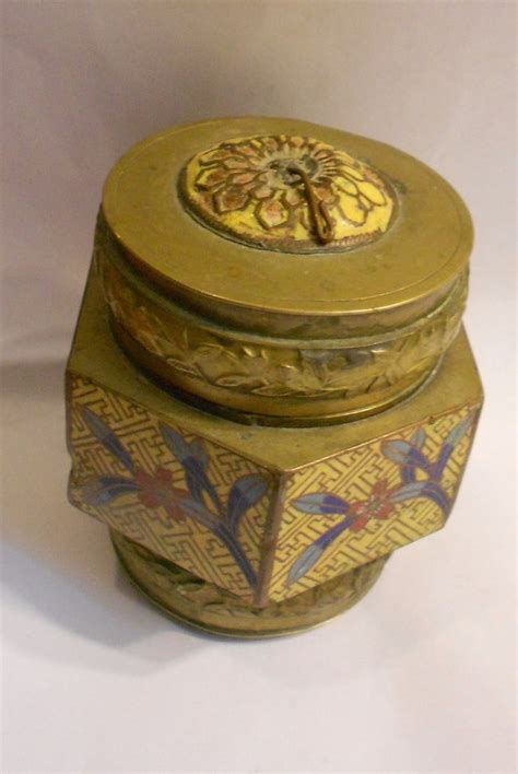 Antique Chinese Enameled Brass Tea Caddy Six Sided By A1estates