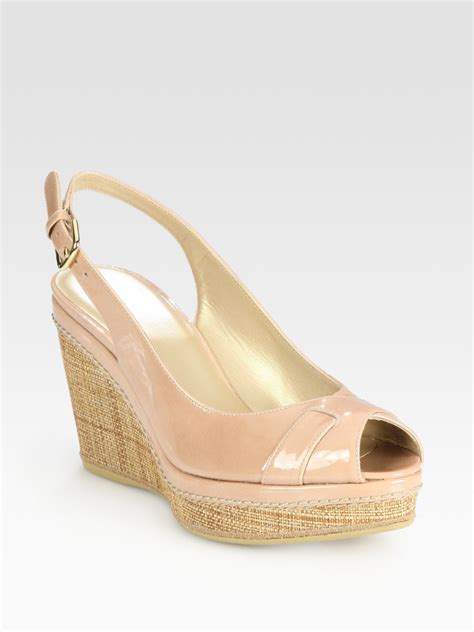 Stuart Weitzman Excise Patent Leather Slingback Peep Toe Wedge Pumps In Beige Lyst