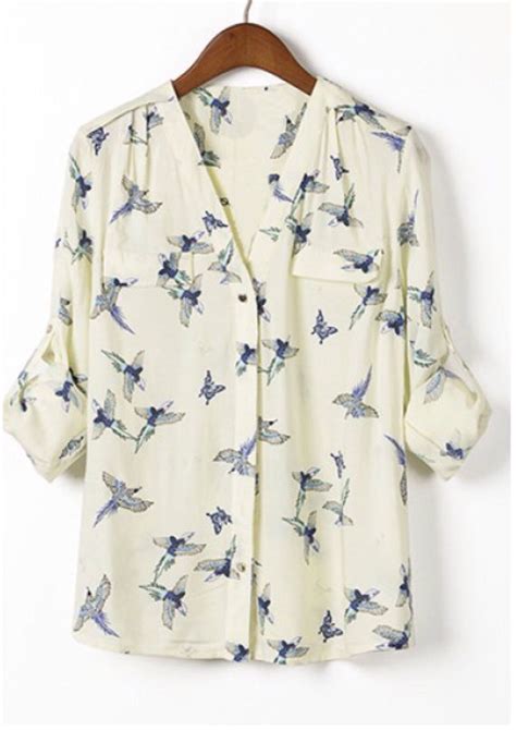 Bird Print Blouse Chiffon Blouse Long Sleeve Printed Blouse Printed