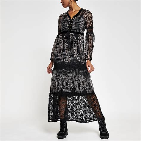 Black Long Sleeve Lace Layer Midi Dress River Island