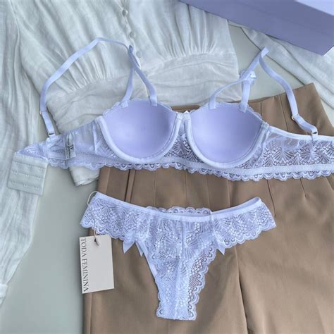 Conjunto De Lingerie Em Renda Bojo E Calcinha Biqu Ni Branco