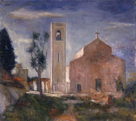 A Painting Of A Church With A Bell Tower