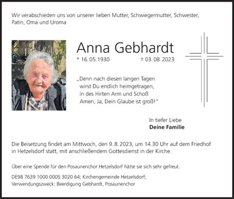 Anna Gebhardt Traueranzeige Trauer Infranken De