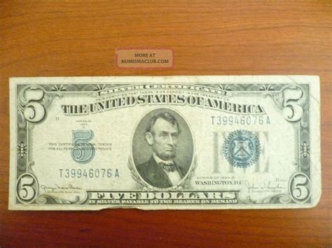 Silver Certificate Five Dollar 5 Bill Blue Seal 1934 D Circulated