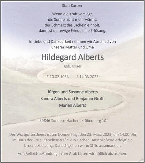 Traueranzeigen Von Hildegard Alberts Trauer In Nrw De