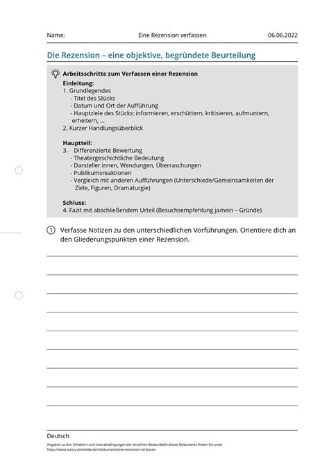 Arbeitsblatt Eine Rezension Verfassen Deutsch Tutoryde