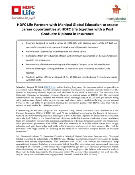 HDFC Life Partners With Manipal Global Education For A Post