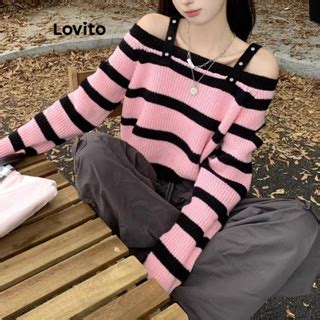 Lovito Women Casual Striped Cold Shoulder Colorblock Sweater LNA42008