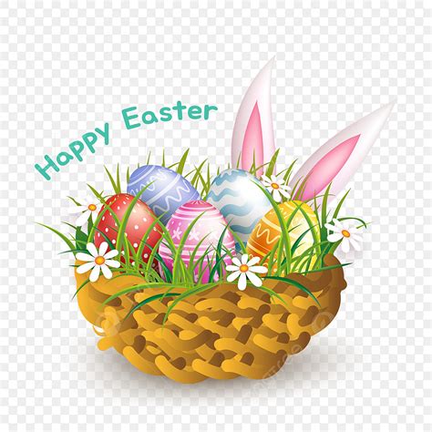 Easter Egg Basket PNG Picture Green Grass Decorative Basket Textured