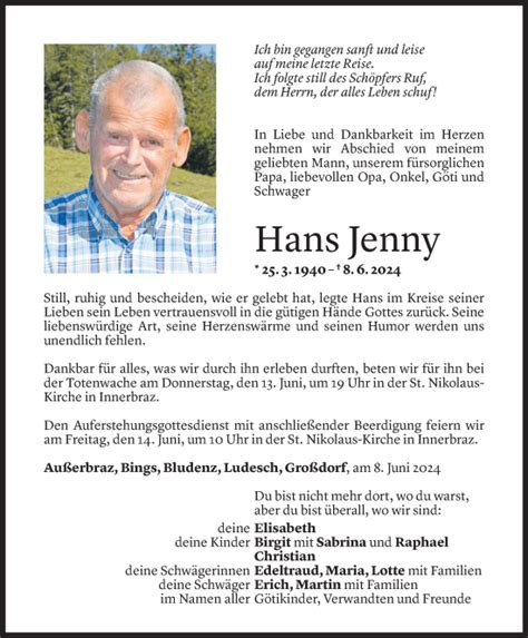 Todesanzeigen Von Hans Jenny Todesanzeigen Vorarlberger Nachrichten