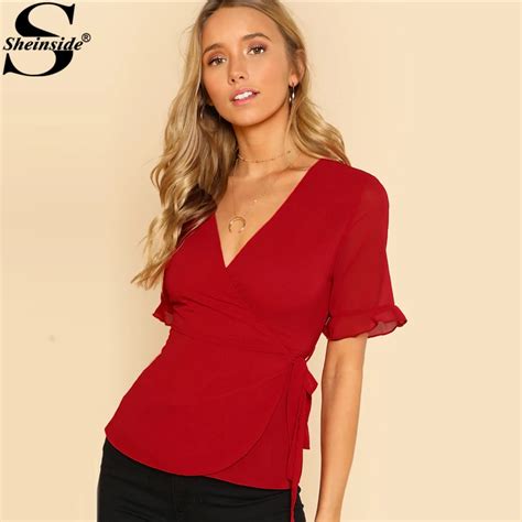 Aliexpress Buy Sheinside Red V Neck Wrap Blouse Solid Belted Top