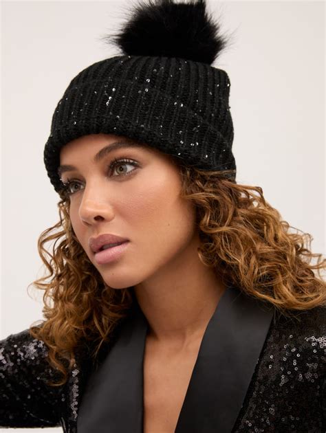 Sequin Pom Pom Beanie Hat New York And Company