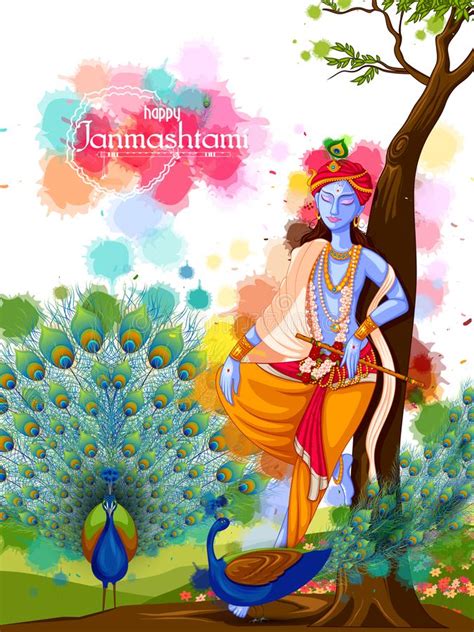 God Krishna Playing Flute On Happy Janmashtami Festival Background Of