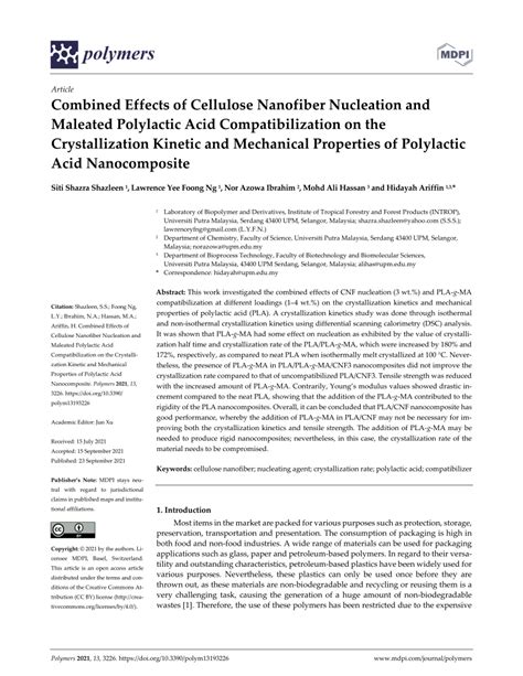 Pdf Combined Effects Of Cellulose Nanofiber Nucleation And Maleated Polylactic Acid