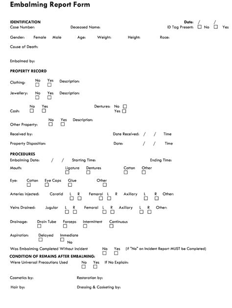 Fillable Online Embalming Report Form Professional Embalmers Of