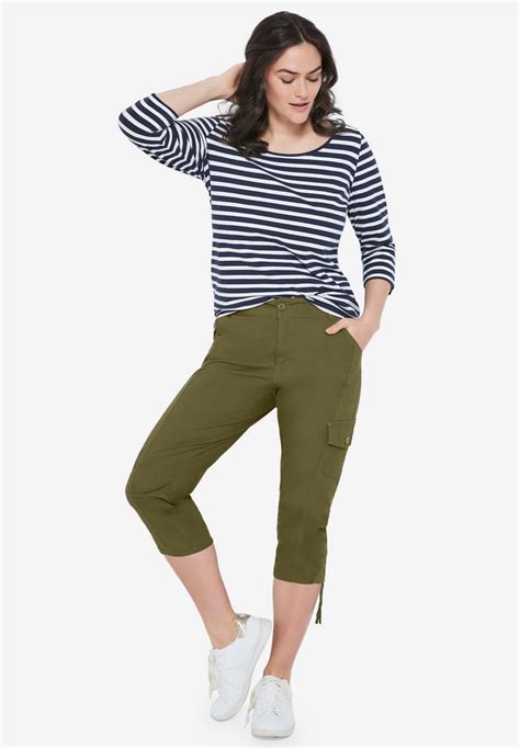 Ellos Womens Plus Size Stretch Cargo Capris Front And Side Pockets