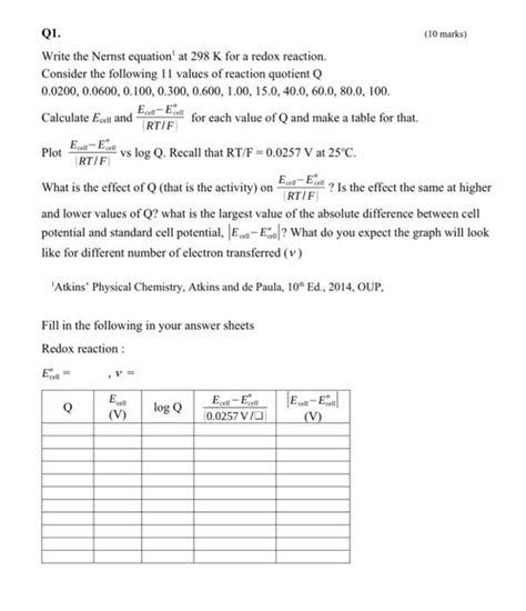 Q1 10 Marks Write The Nernst Equation 1 At 298 K Chegg