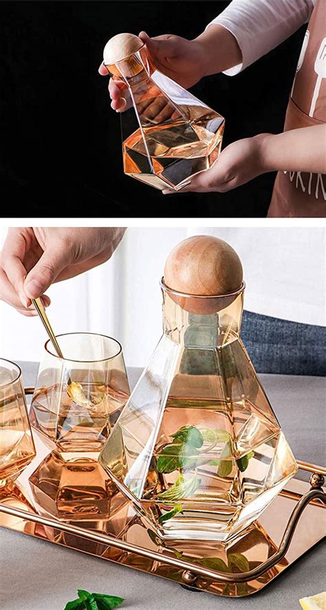 Buy Diamond Glasses Water Set Kettle With Wood Ball Lid Clear Jug For Juice Cocktail Wine