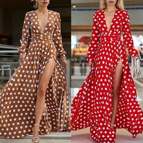 Polka Dot Dress Red Long Sleeve Summer Dress 2019 Women Boho Dresses Ladies Sexy High Split