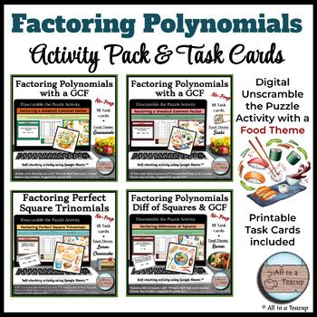 Factoring Polynomials Digital Activity Pack Printable Task Cards