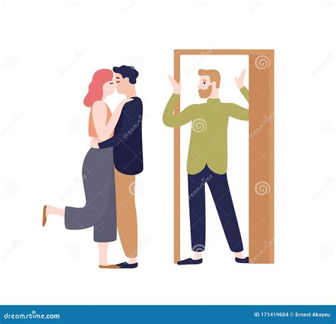 Surprised Husband Coming Home Looking To Wife Kissing With Another Man Vector Flat Illustration