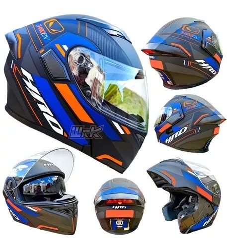 Casco Moto Negro Naranja Azul Hro Led Abatible Certificado Env O Gratis