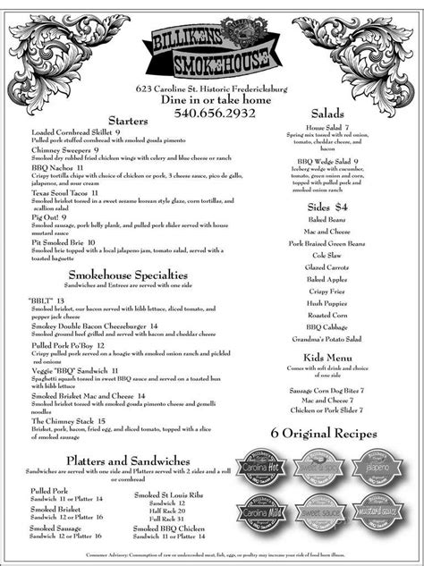 Menu Of Billikens Smokehouse In Fredericksburg Va 22401