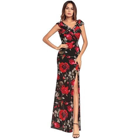 Sexy Women Chiffon Maxi Dress Floral Print Split Cross Female Vestido V