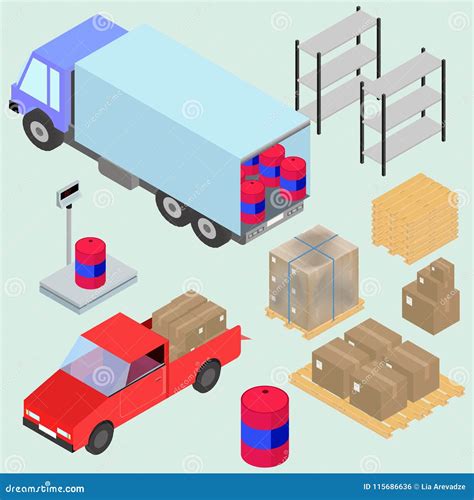 Isometric Icons Set Of Logistics And Delivery Scales Boxes Forklifts