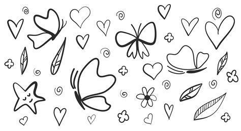 Set Of Hand Drawn Butterfly And Cute Doodle Hearts Vector Art