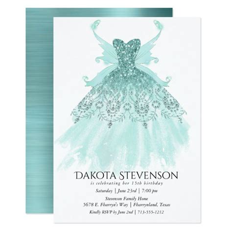 Fairy Wing Gown Luxe Mint Green Pearl Shimmer Invitation Zazzle Pixie Wings Turquoise