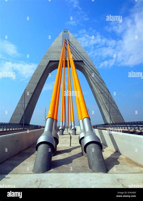 A New Single Tower Cable Stayed Bridge With Thick Steel Cables Stock