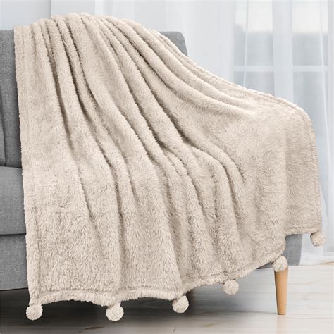 PAVILIA Plush Sherpa Throw Blanket With Pom Pom Fringe Cream Ivory